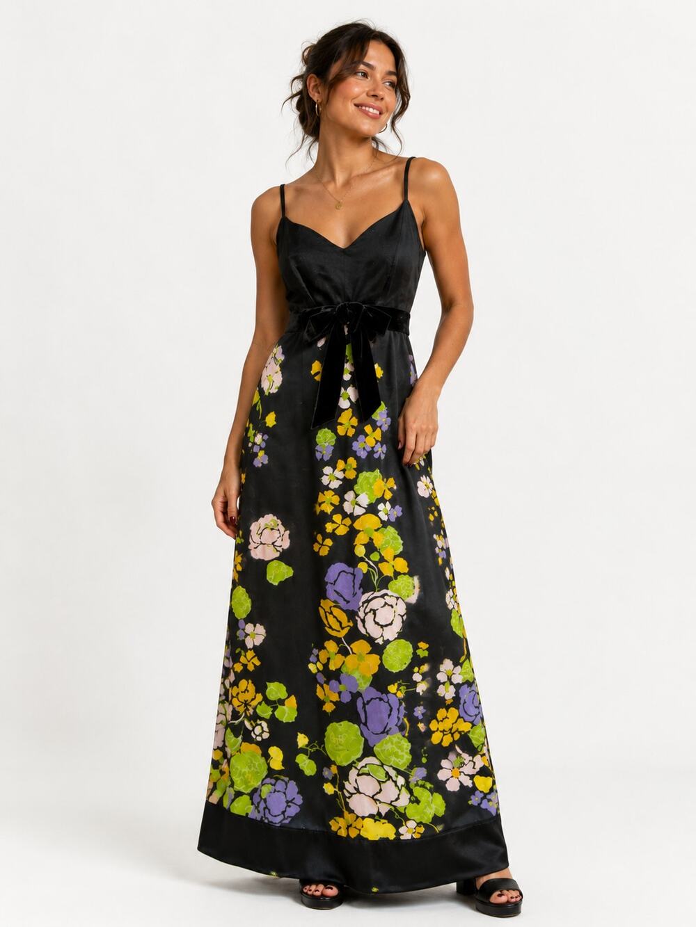 Vtg 70s Psychedleic Floral Velvet Trim Bow Boho Glam Maxi Dress S Retro Festival